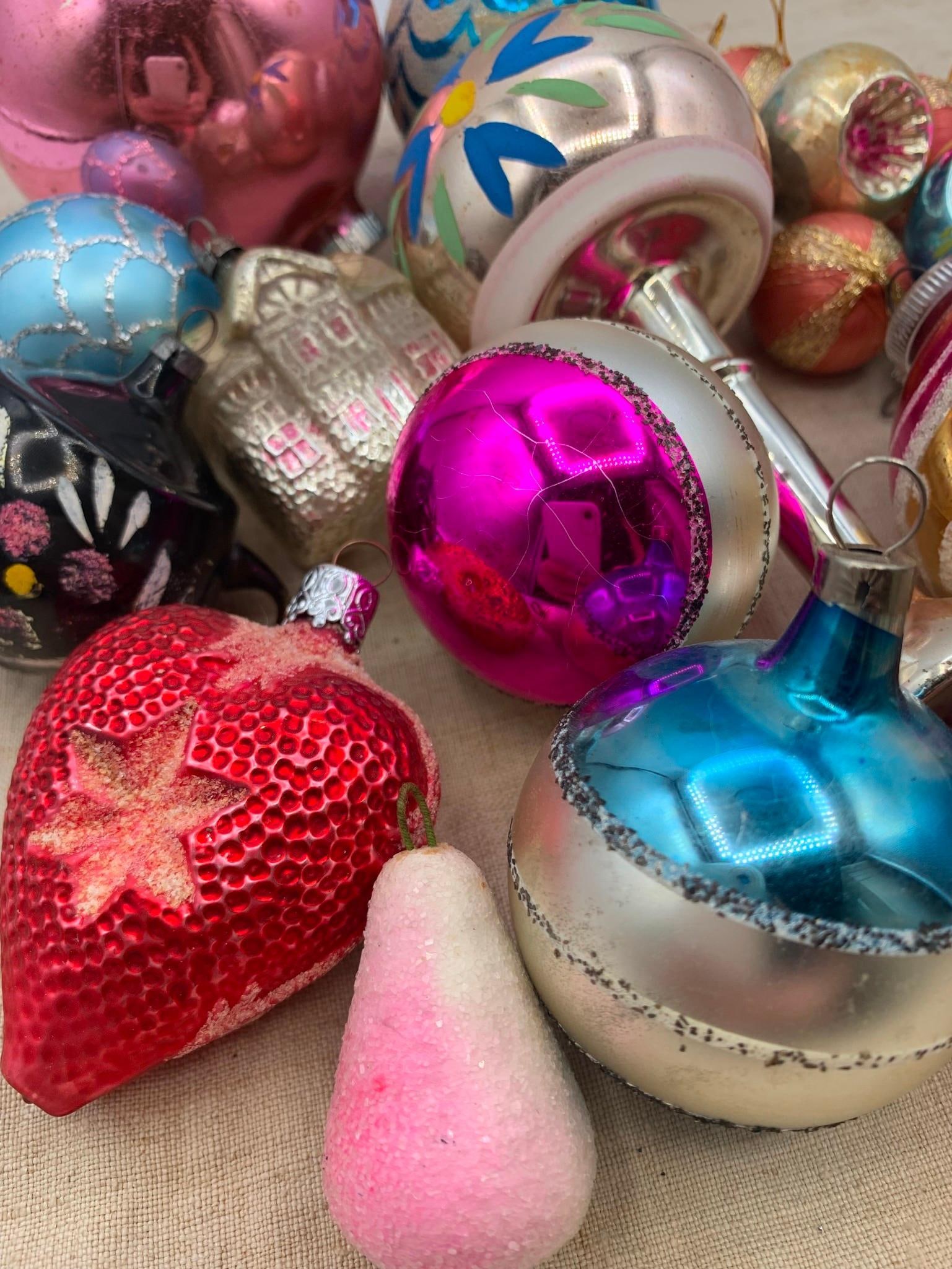 21 Antique to Vintage Pink & Blue Mercury Glass, Spun Cotton, Satin Wrapped Christmas Tree Ornaments (1 of 18)