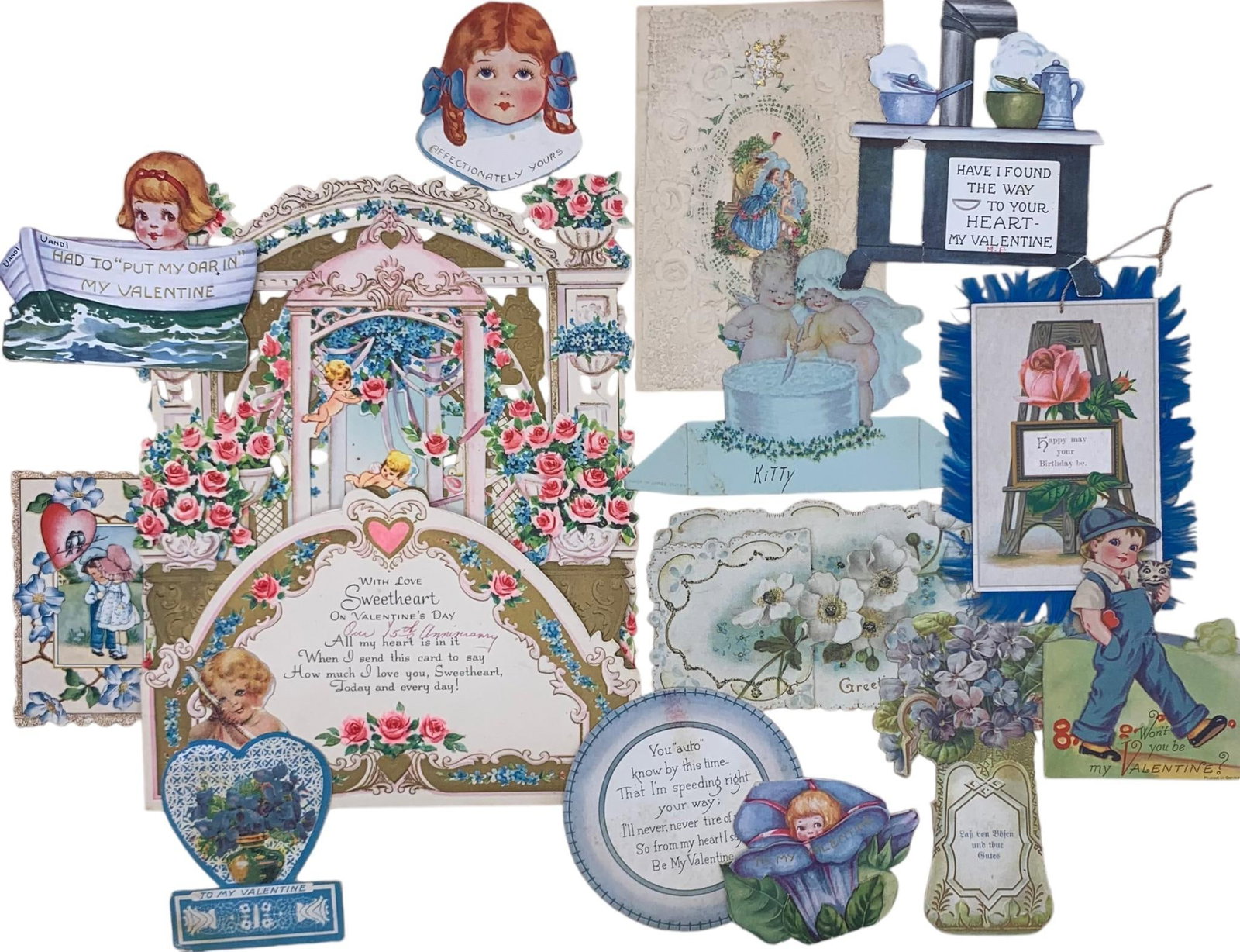 14 Antique to Vintage Stand Up Die Cut Valentines, Wedding & Birthday Card Ephemera: 2 1/2" to 9 1/2", glorious designs and rich coloring, some writing present.
