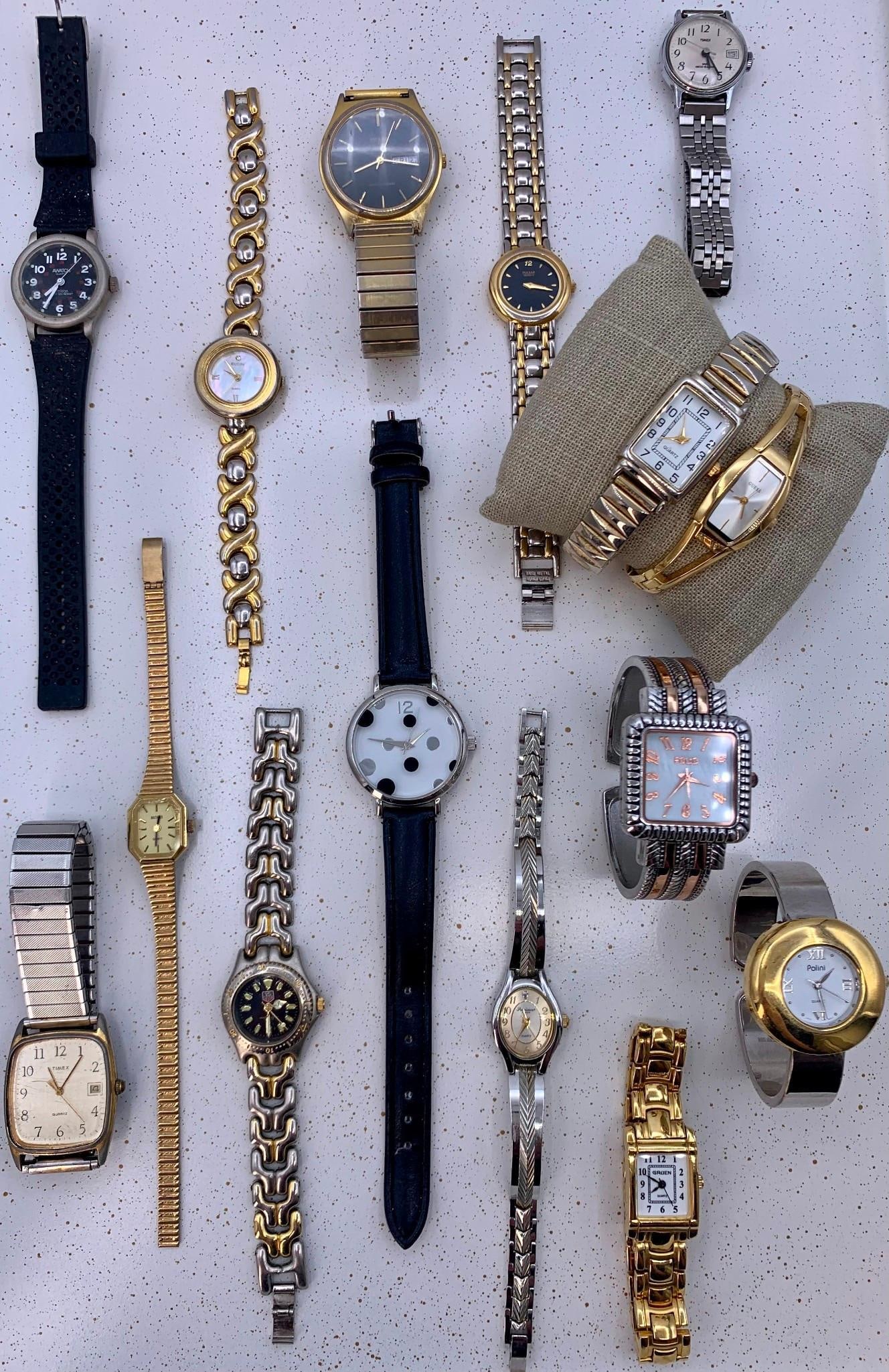 15 Vintage Men's & Ladie's Wristwatches: Benrus, Elgin, Gruen, Timex, Tag Heuer, Pulsar, Guess: Fresh batteries needed, fab variety, makers and eras.