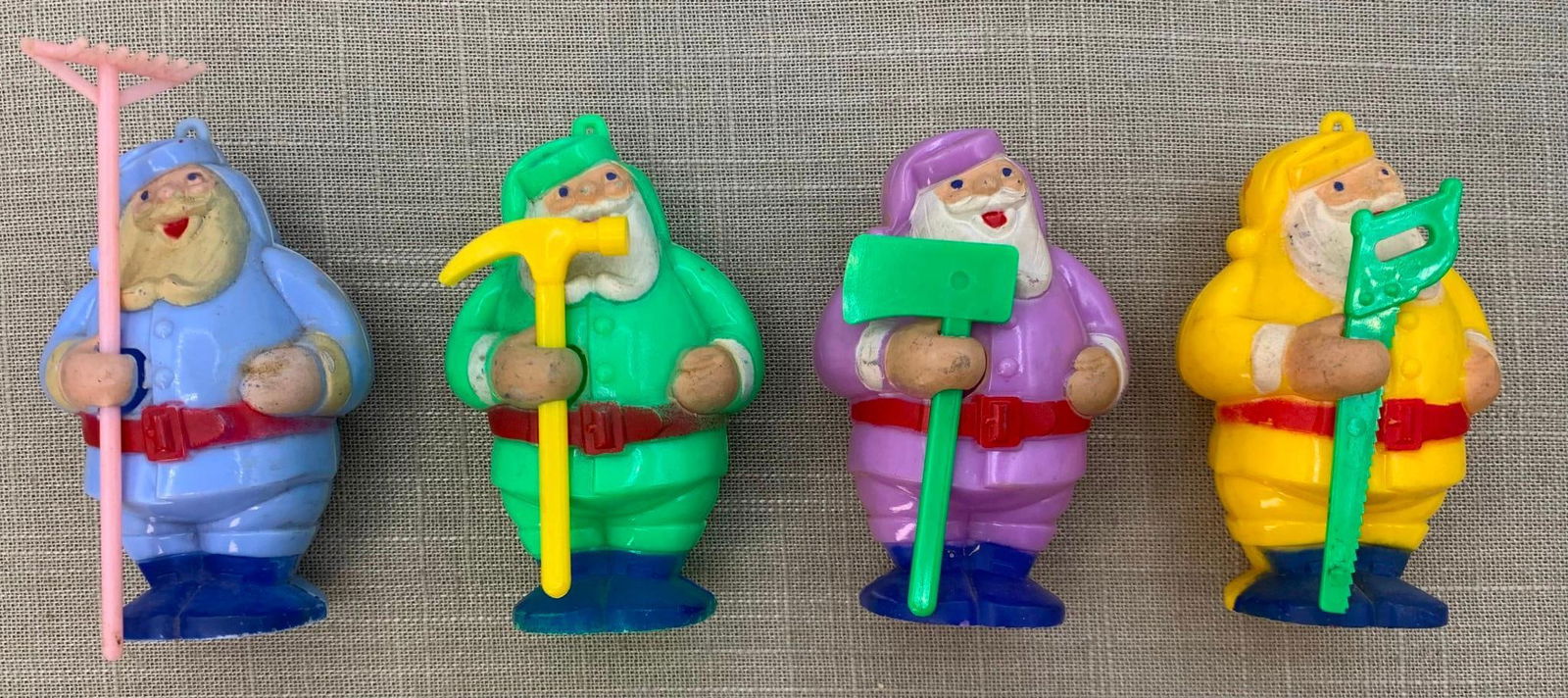 Four Vintage Rosbro Santa's Workshop Plastic Candy Container Figural Tree Santa Claus Tool Ornaments (1 of 8)