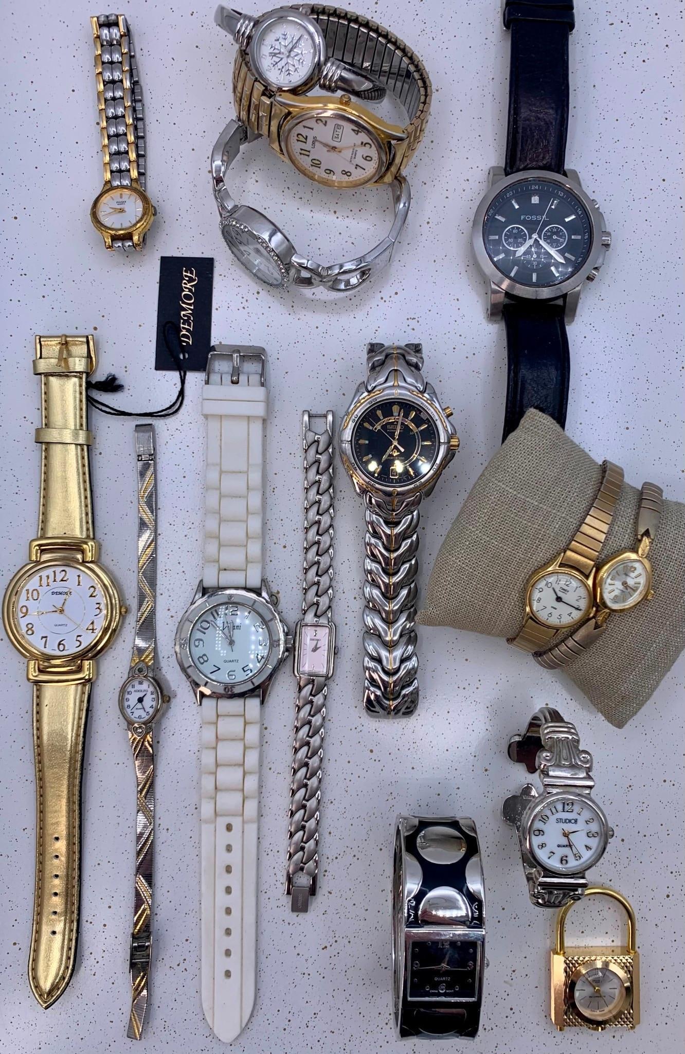 15 Vintage Men's & Women's Wristwatches: Seiko Kinetic, Mid century Adolfo & Advance, Swiss Devisa: Diverse assortment of eras and makers, fresh batteries needed, crystal is damaged on the ladies Pulsar, no crystal on the NOS Demore gold lame with tag, the back on the Men's Fossil watch is off but i