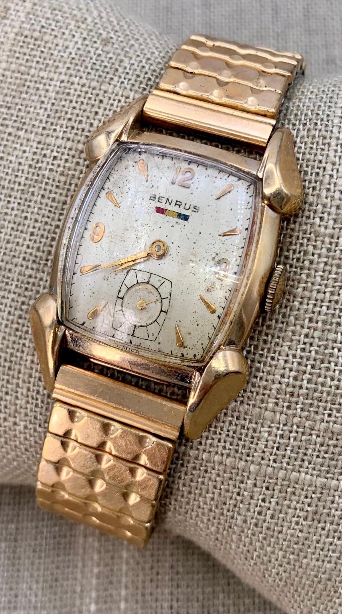Working Vintage BENRUS 10k Gold Filled Tank Wristwatch, KALBE 1/20 10k Gold Filled Top Band: Dust visible under the crystal, works when wound, Fantastic timeless styling.