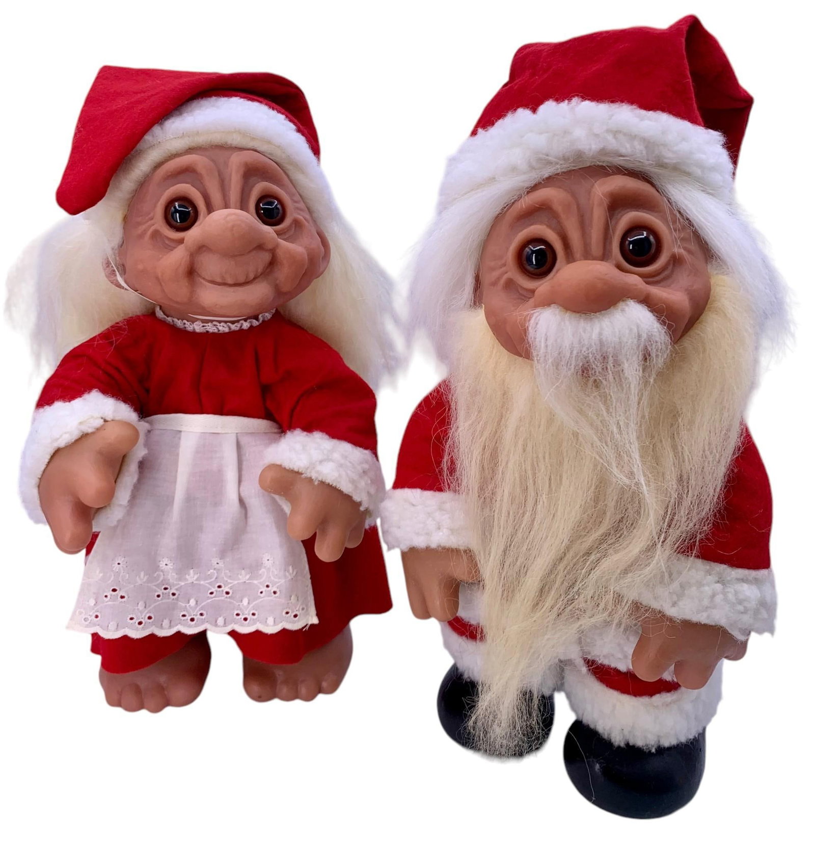 Pair 1984 DAM Large Size Elderly Santa & Grandma Mrs. Claus Troll Dolls: Each 14" tall, marked 1984 DAM at the nape, natural fur beard on Santa and hair on Mrs. Claus, clean garments.