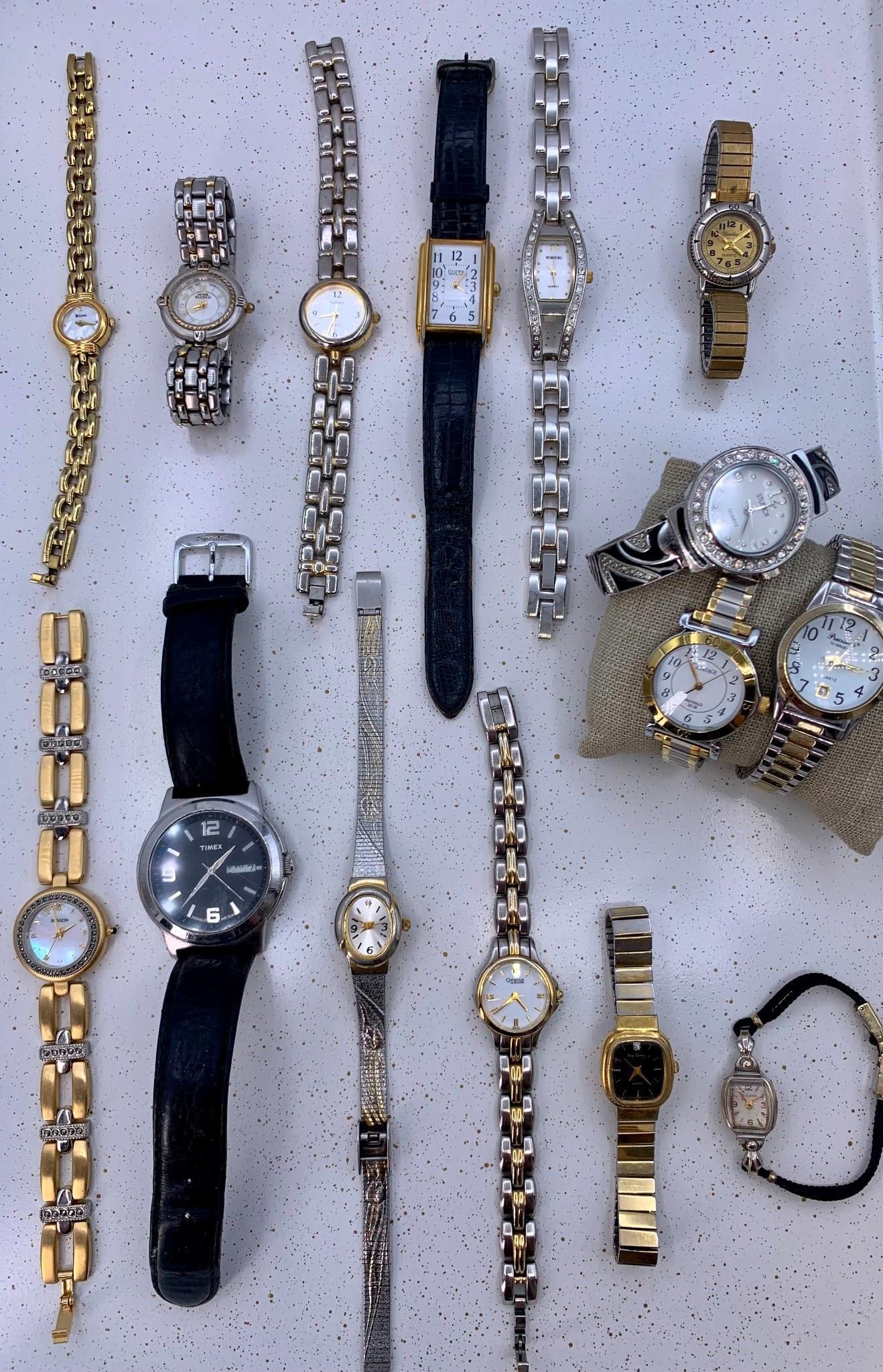 15 Vintage Men's & Ladie's Wristwatches: Gruen, 10k GF Bulova, Pierre Cardin, Caravelle, Guess: Mother of pearl faces, Art Deco 10k Gold Filled Bulova, faceted marcasite and rhinestone accents, fresh batteries needed.