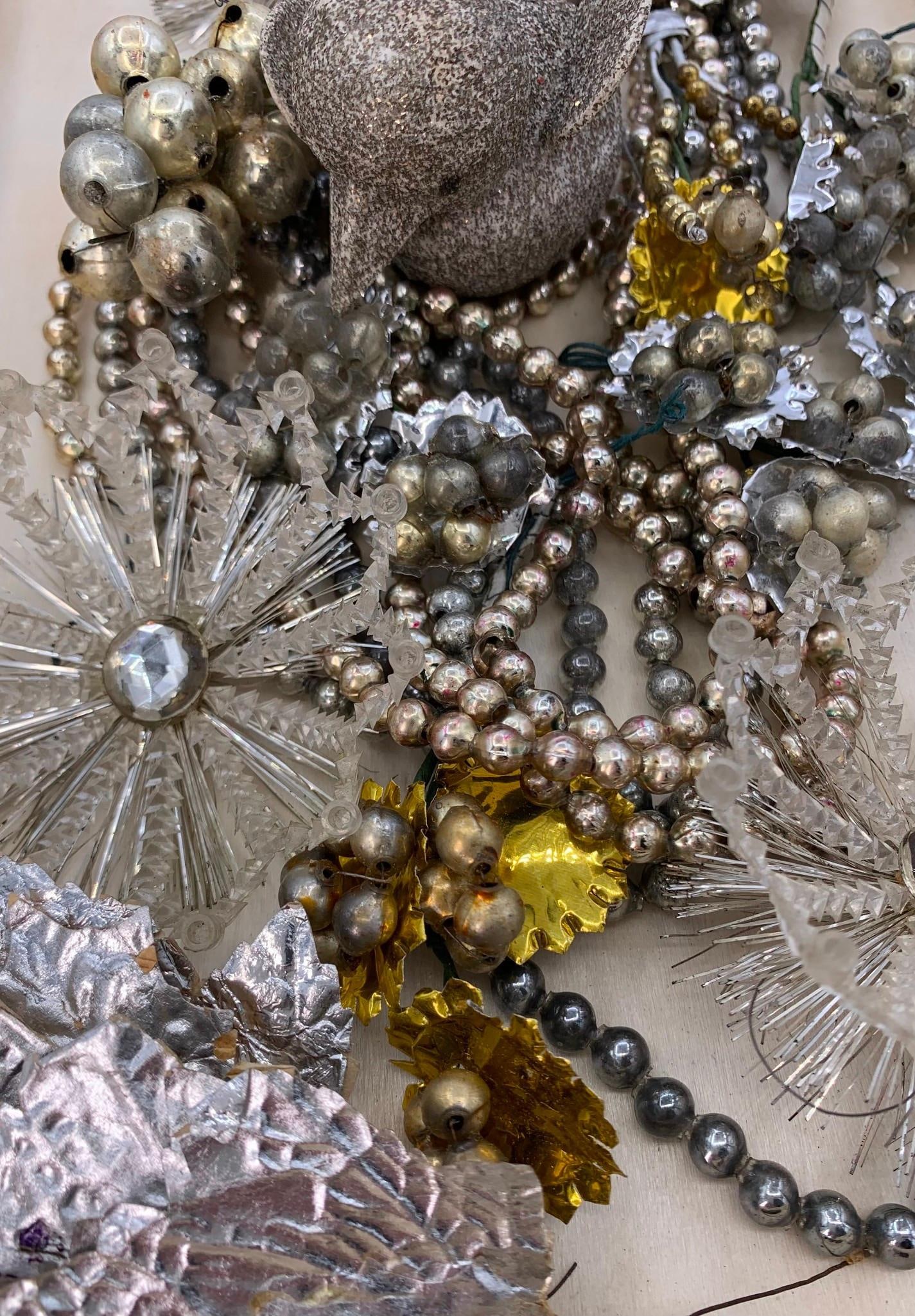 27 pc Early Mercury Glass Bead Garland, Picks, Foil Leaves, Jeweled Ornaments, Bird Candy Container (1 of 9)
