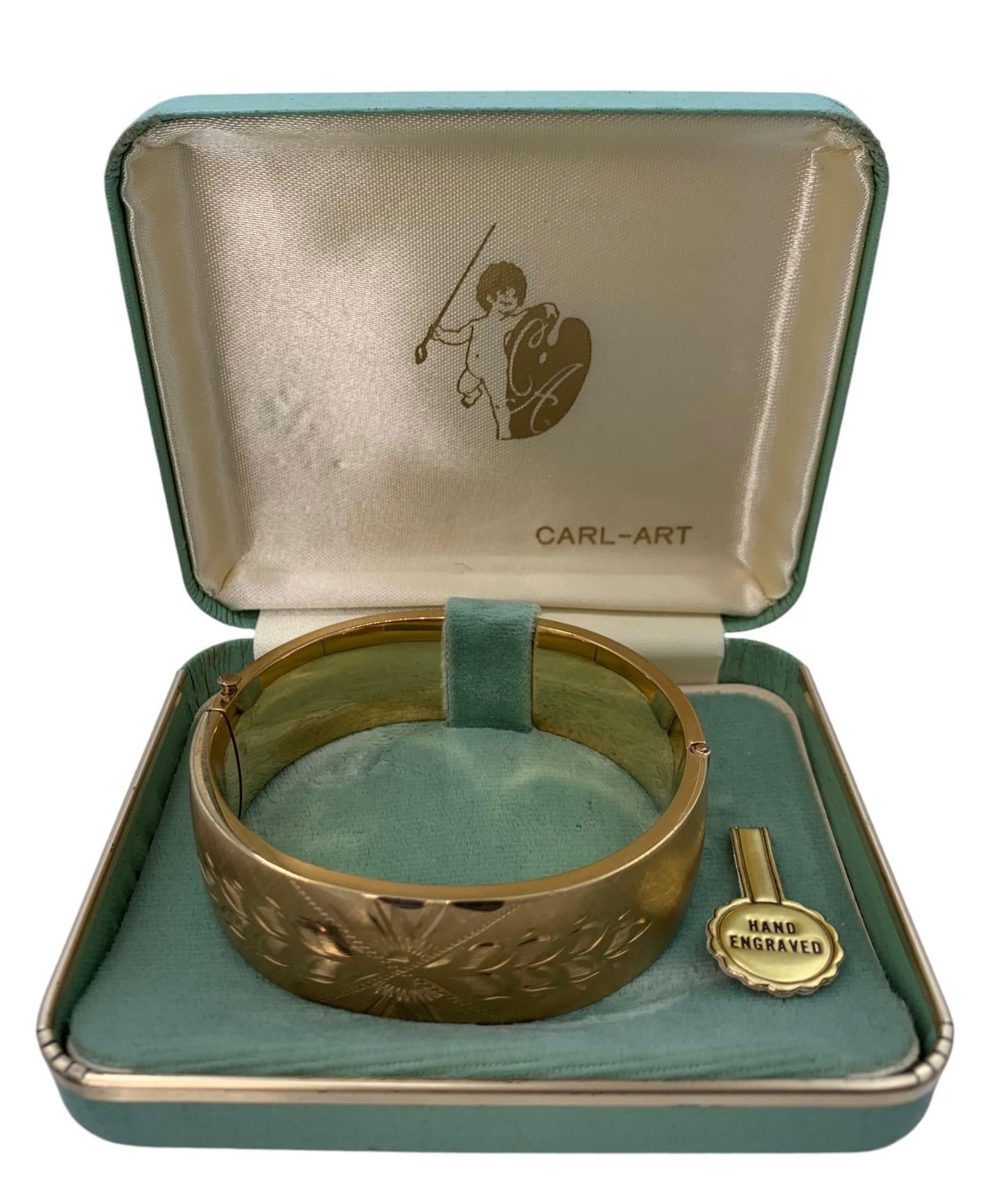 Mid Century 1/20 12k Gold Hand Engraved Wide Brushed Satin Carl-Art Bangle Bracelet (1 of 14)