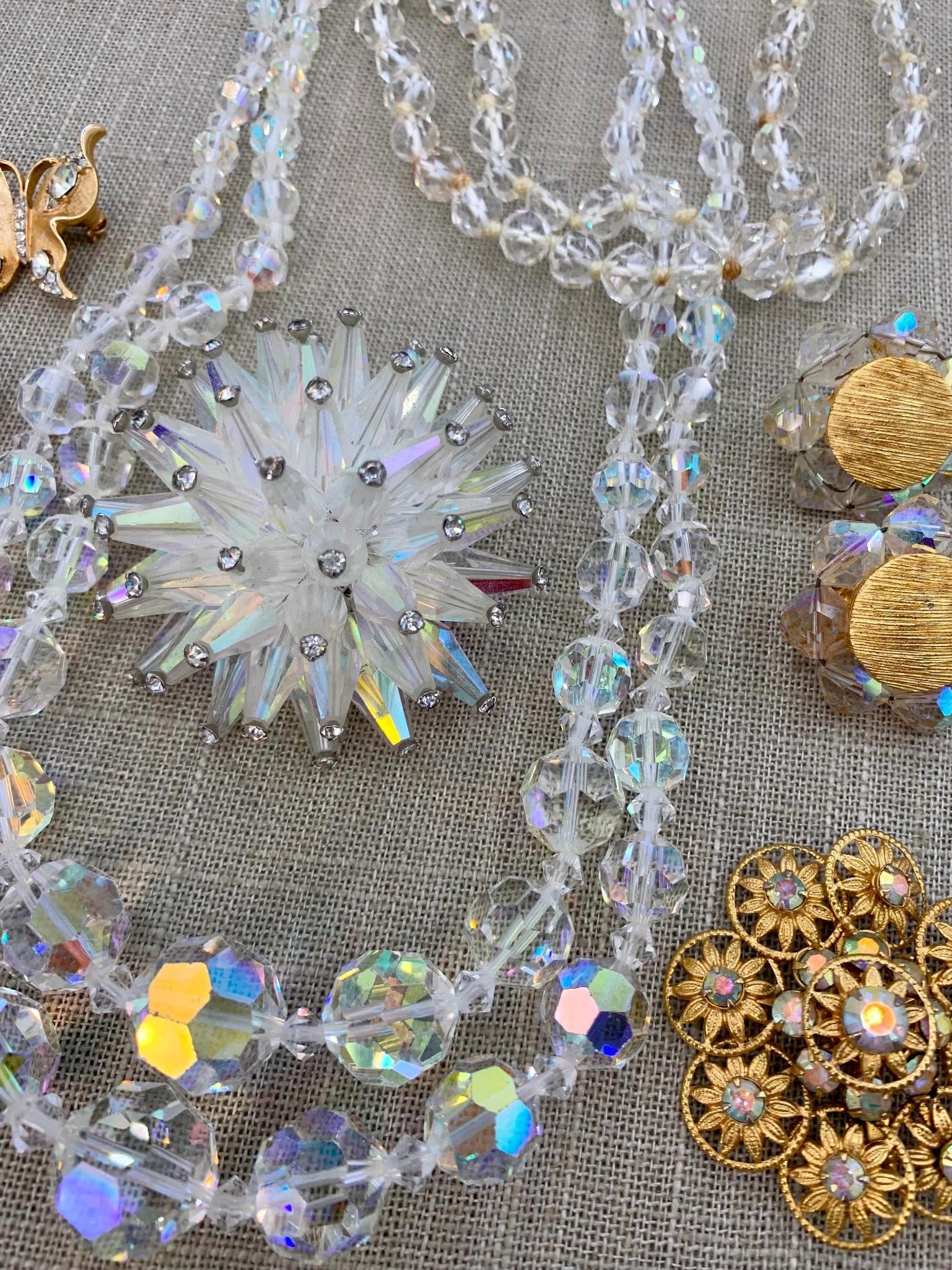 15 pc 1930s to 1980s Aurora Borealis, Crystal, Costume Jewelry Lot: Vendome, Trifari, Coro: Stunning sparkle, working closures, one missing rhinestone on the woven rhinestone/crystal bracelet, some darkening to the hand knotted floss on the choker.