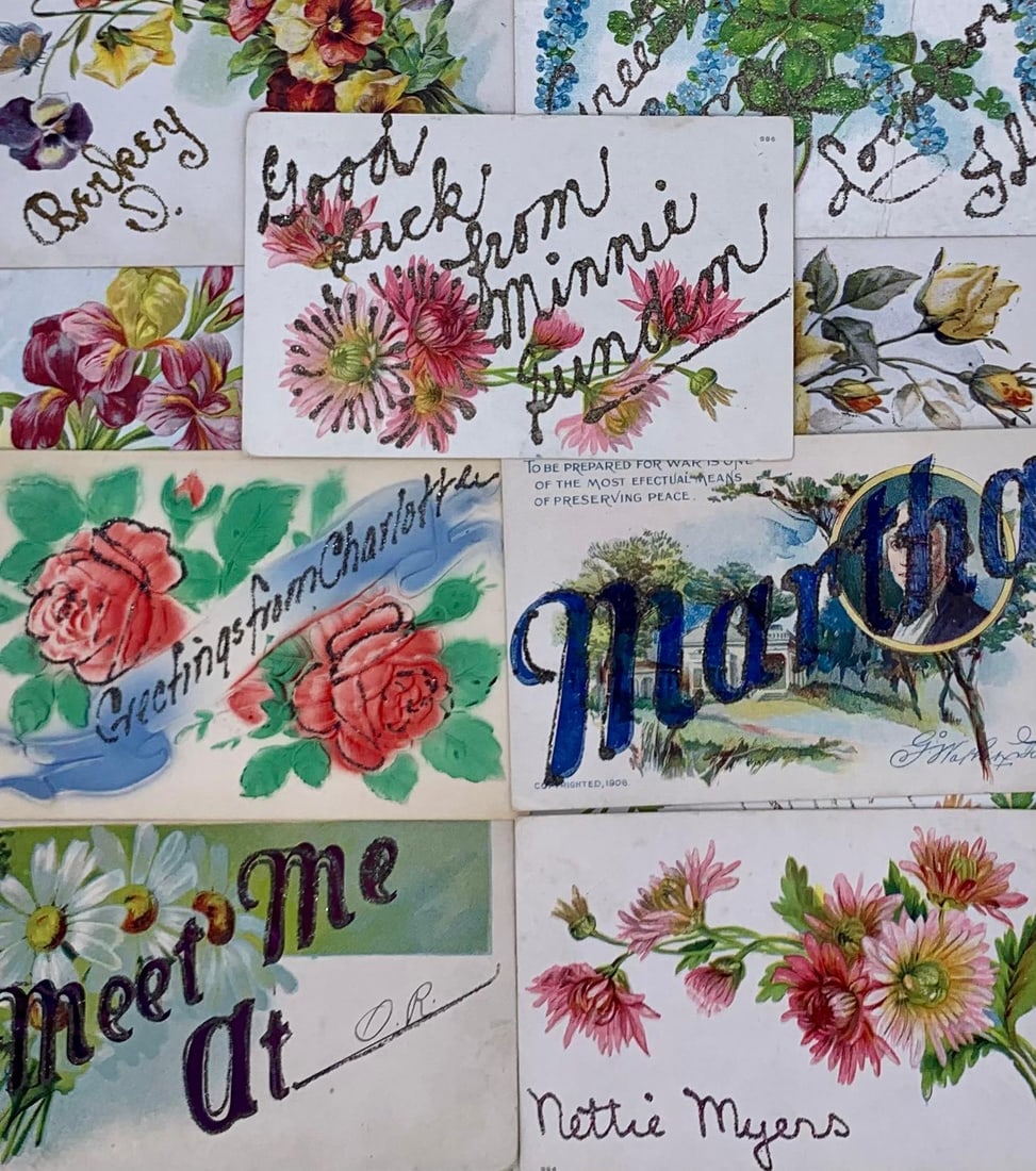 25 Antique Hand Glittered Special Occasion & Early Travel Souvenir Postcards: Hand written detail, postmarks and stamps present.