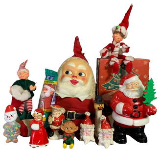 13 pc Vintage Christmas Holiday 50s Santa Doll, Decorations, 2002 Annalee Elves, PEZ & Figurines Lot: 1950s humpty dumpty shaped plastic faced Santa, Slovakia & more modern PEZ dispensers, 2002 Annalee elves, Napco Single Santa shaker, Inarco Japan shaker, 9 pcs early plastic tree vignette fence panel