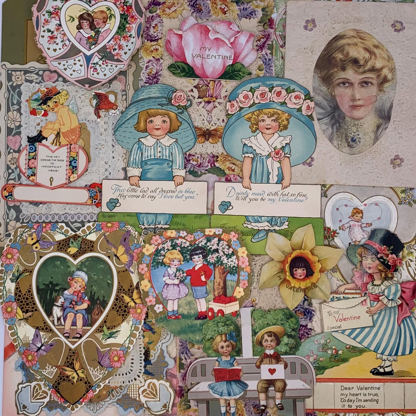 22 pc Vintage Paper Lace Trimmed, Mechanical, Folded, Stand-Up Valentines Ephemera Lot: 2" to 9 1/2", hand writing and light age, incredible detailing on some.