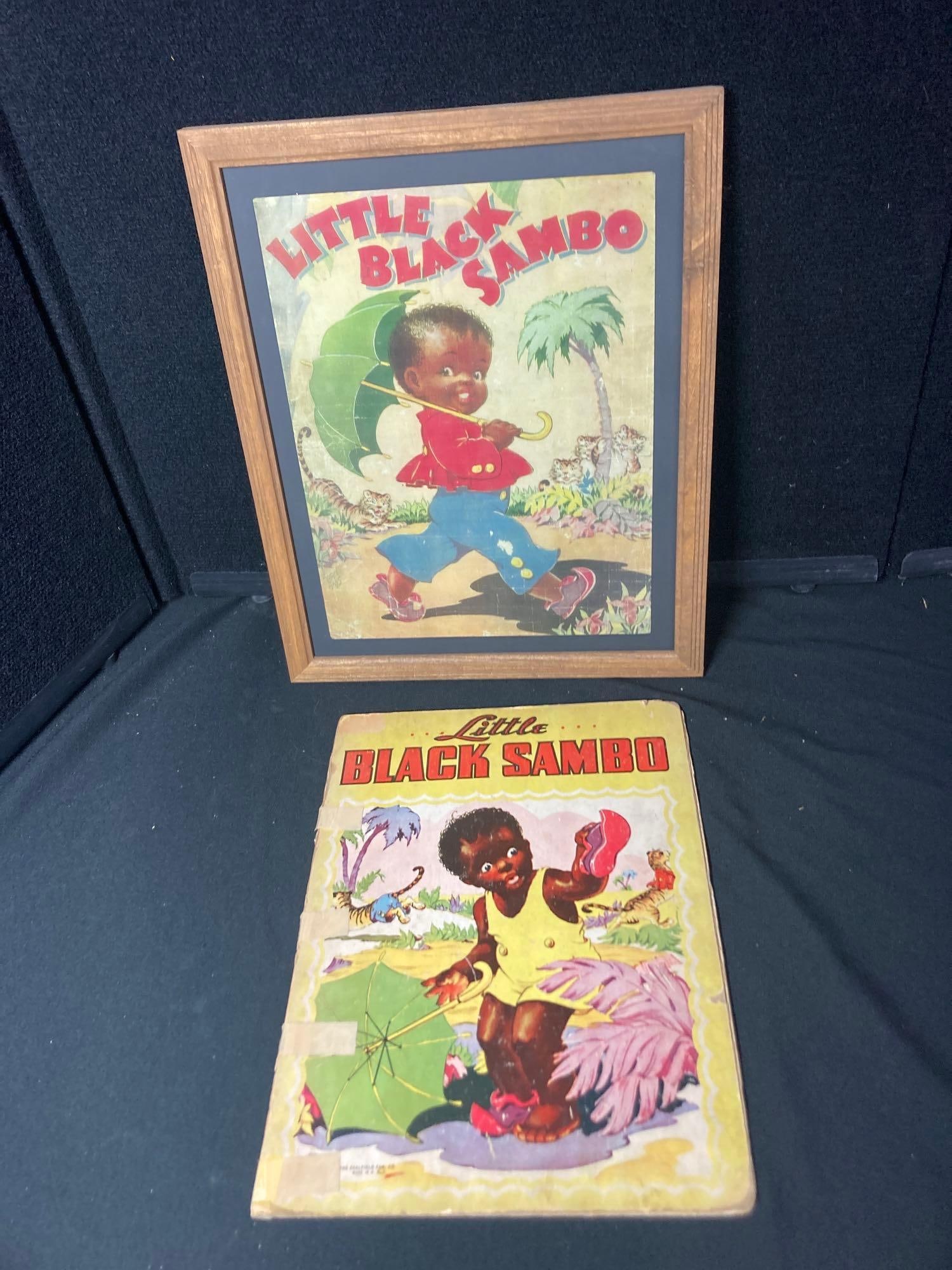 LITTLE BLACK SAMBO CHILDREN'S BOOK AND FRAMED COVER: BOOK HAS SOME TAPE TO BINDING, BUT BOTH ARE IN GOOD CONDITION