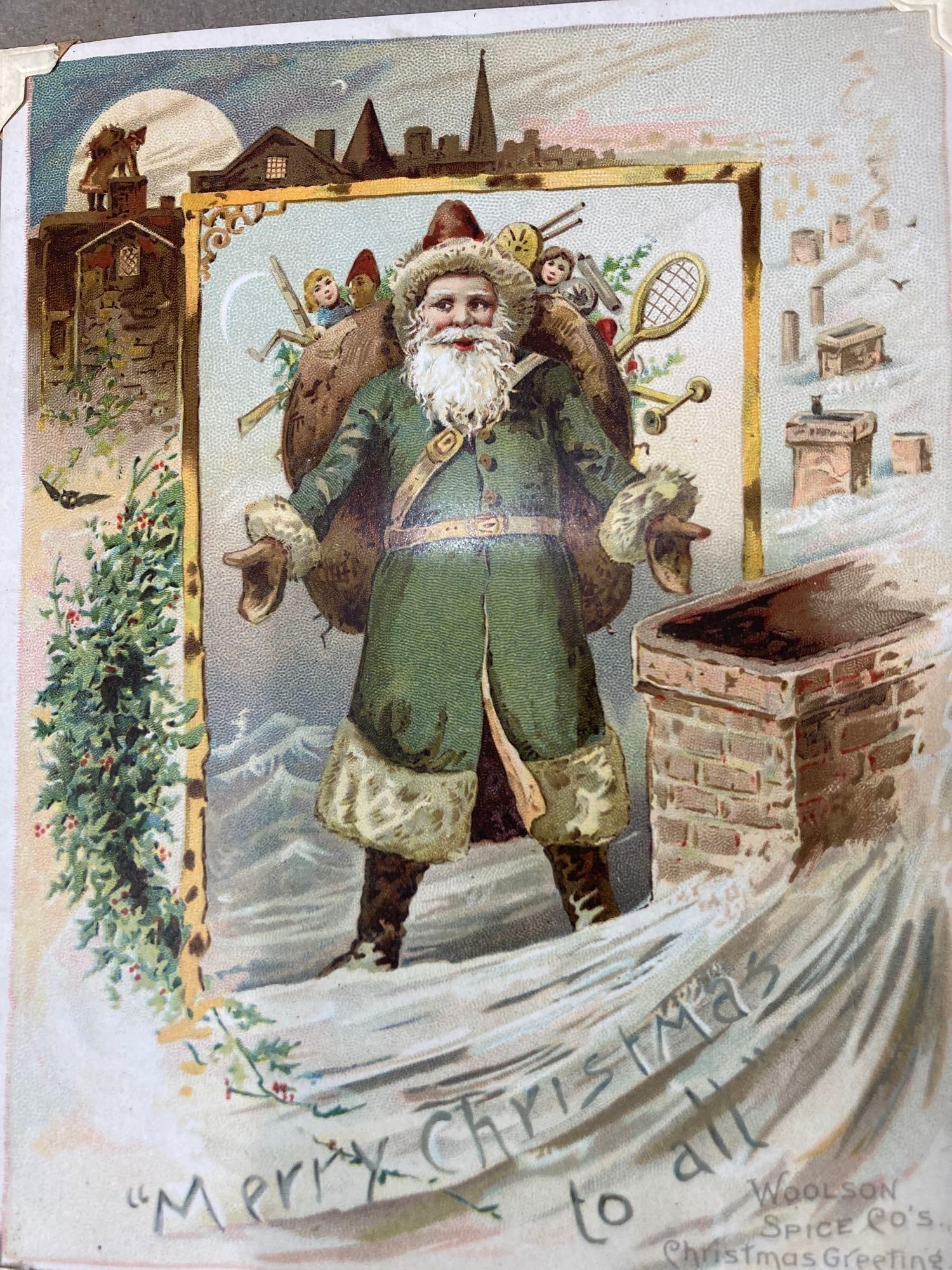 Album loaded with early greeting cards: Includes Lion Coffee, Woolen Spice Co cards and more.