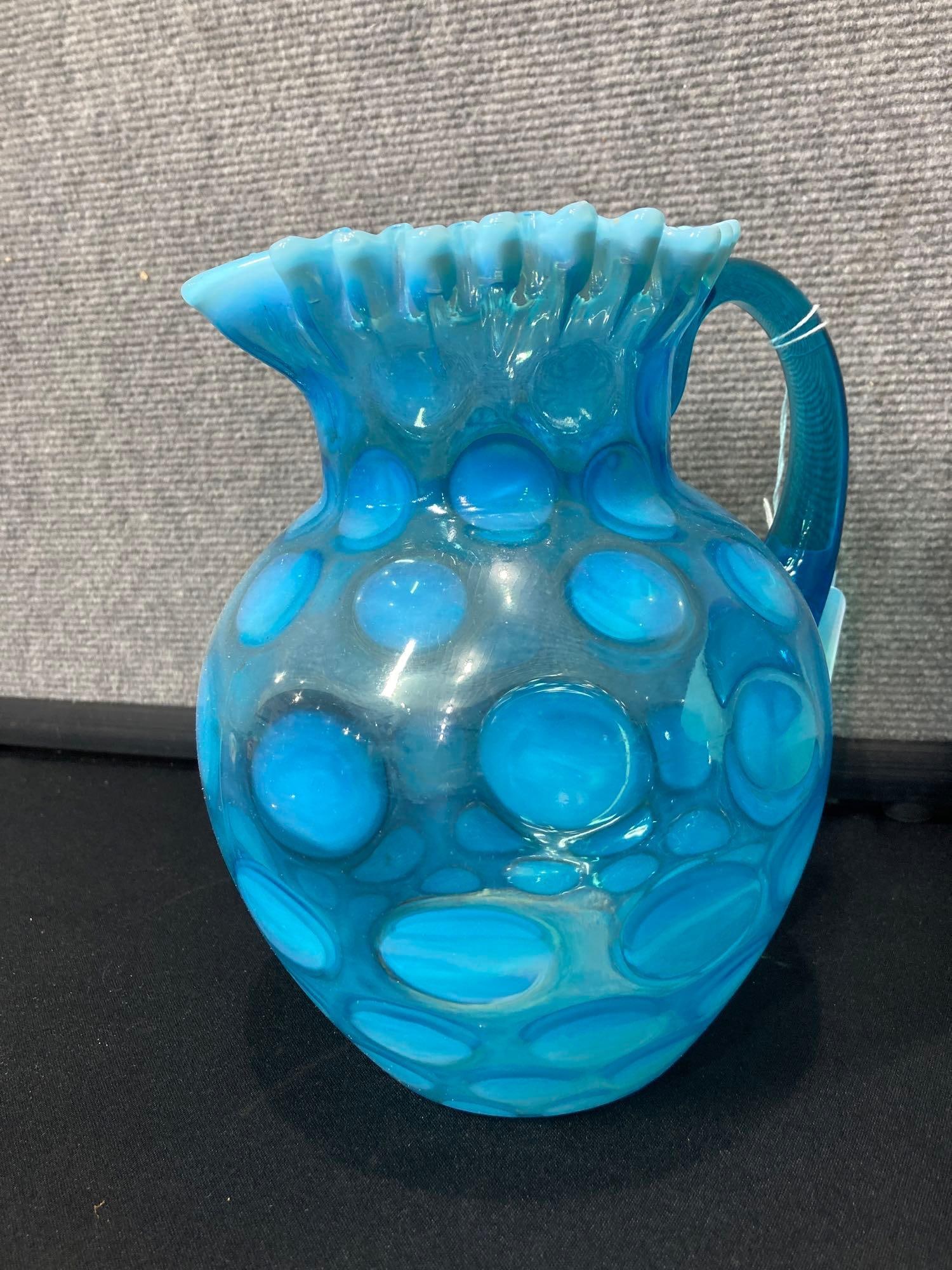 Fenton blue opalescent coin dot pitcher (1 of 4)