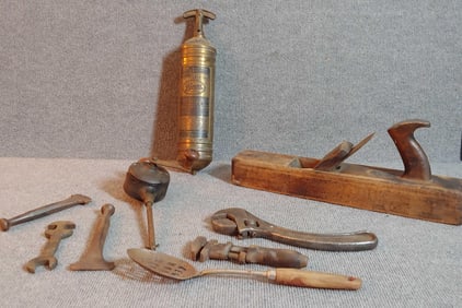 Pyrene brass fire extinguisher & some tools