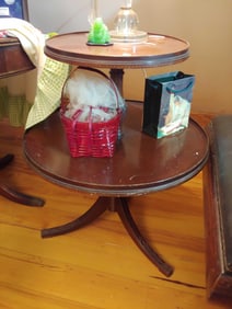 Early tiered stand with contents