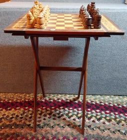 Fancy inlaid chess board on folding Sawbuck stand