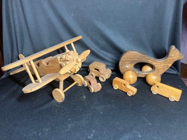 Wooden Bi plane and toy trucks