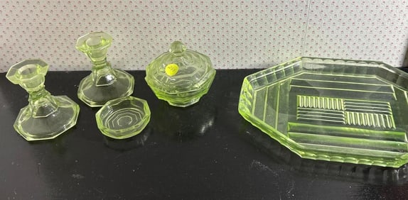 Uranium Glass candle sticks, covered dish and tray