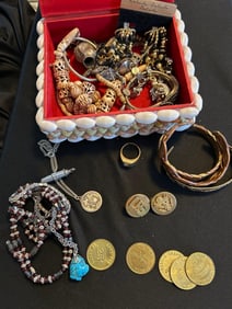 Copper and  Vintage Jewelry, US brass medals, and tokens