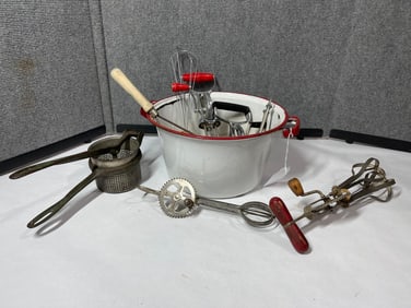 Red & White Enamel Pot w Vintage Kitchen Utensil