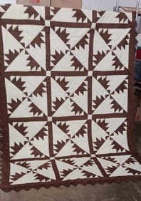 Brown and Cream Pinwheel Quilt Coverlet
