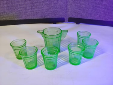 Uranium Glass Pitcher and Shot Glass Cups
