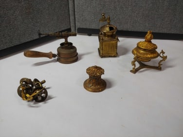 Brass Inkwells, Knobs, Torch, and Coffee grinder