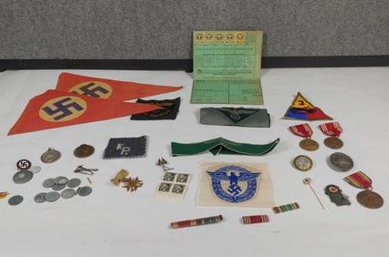 German Swastika Paper Flags, Patches, Buttons, and Documents