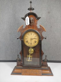 Walnut and Burl Wood Gothic Style Key Wind Clock