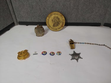 JFK Buttons, Police Badges, and Native American Collectibles