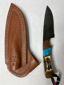 Damascus Drop Point Turquoise and Horn Knife