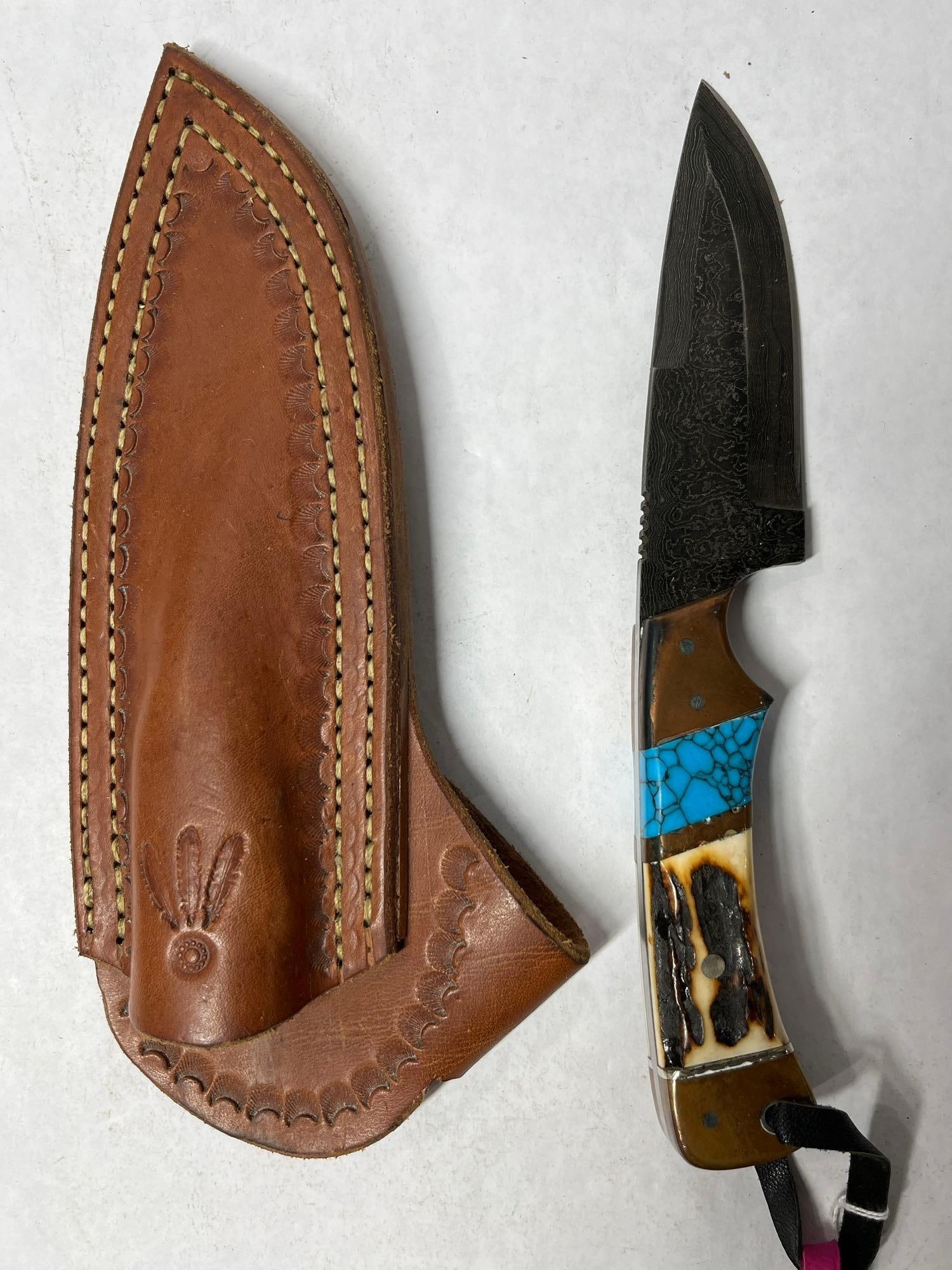 Damascus Drop Point Turquoise and Horn Knife (1 of 4)