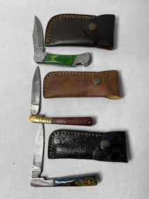 3 Hand Forged Damascus Single Blade Folding Knives