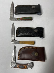 3 Hand Forged Damascus Single Blade Folding Knives