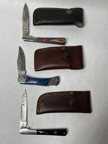3 Hand Forged Damascus Single Blade Folding Knives