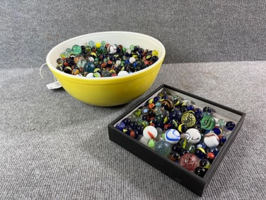 Pyrex Bowl full of shooters and older marbles