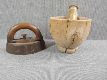 Wormy Maple Mortar & Pestle and sad Iron
