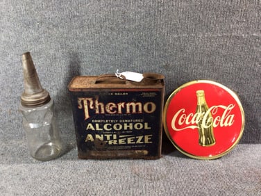 Original Coke Button SIgn, Thermo Can and Glass Oil Bottle