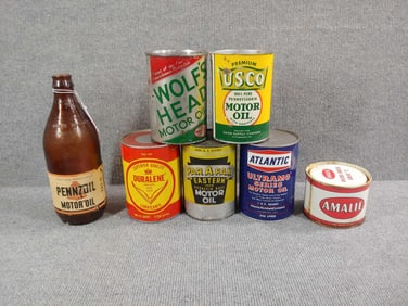 Pennzoil, Wolfs Head, Atlantic, Amalie, and other fluids Cans