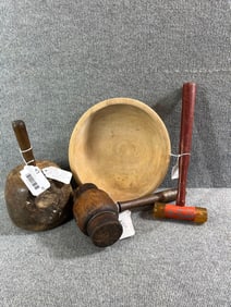 Large wooden mallet, wood dough bowl,barrel mallet and Glass tipped hammer