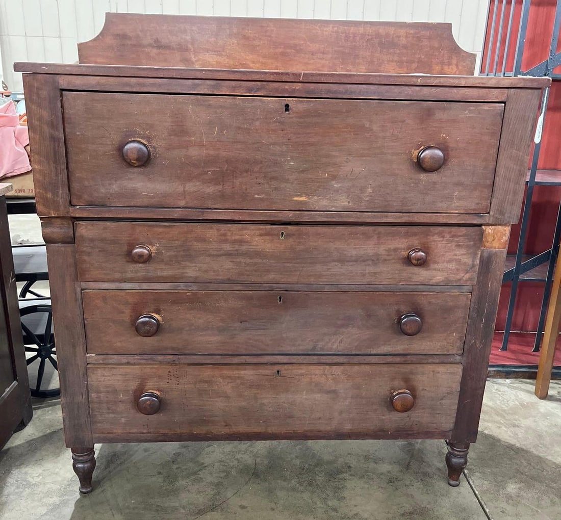 Tall 4 Drawer Chest of Drawers: Rustic and sturdy solid drawers. One piece of trim is missing from right hand side. 45x20x51