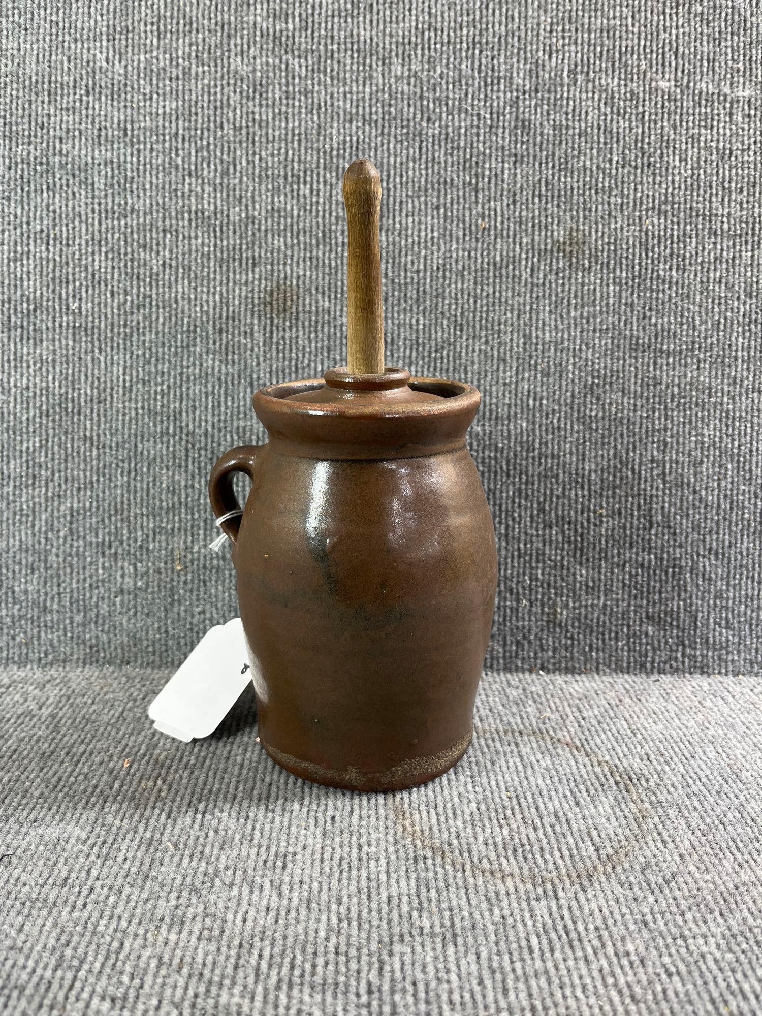 Rare 1 QT Redware Butter Churn: Small 6.5 inch crock with lid. Dipper has lost its end but could be easily replaced.
