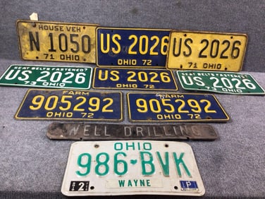 1970s Ohio License Plates and Well Drilling Tin Sign