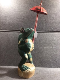 Wood Carved Unique Frog w Umbrella