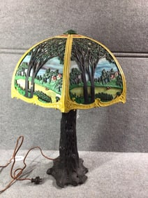 Superb Cast Iron & Slag Glass Lamp