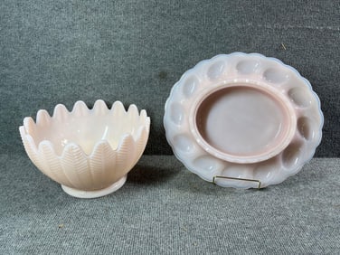 Pink Fenton Deep Dish Serving Bowl & Egg Tray