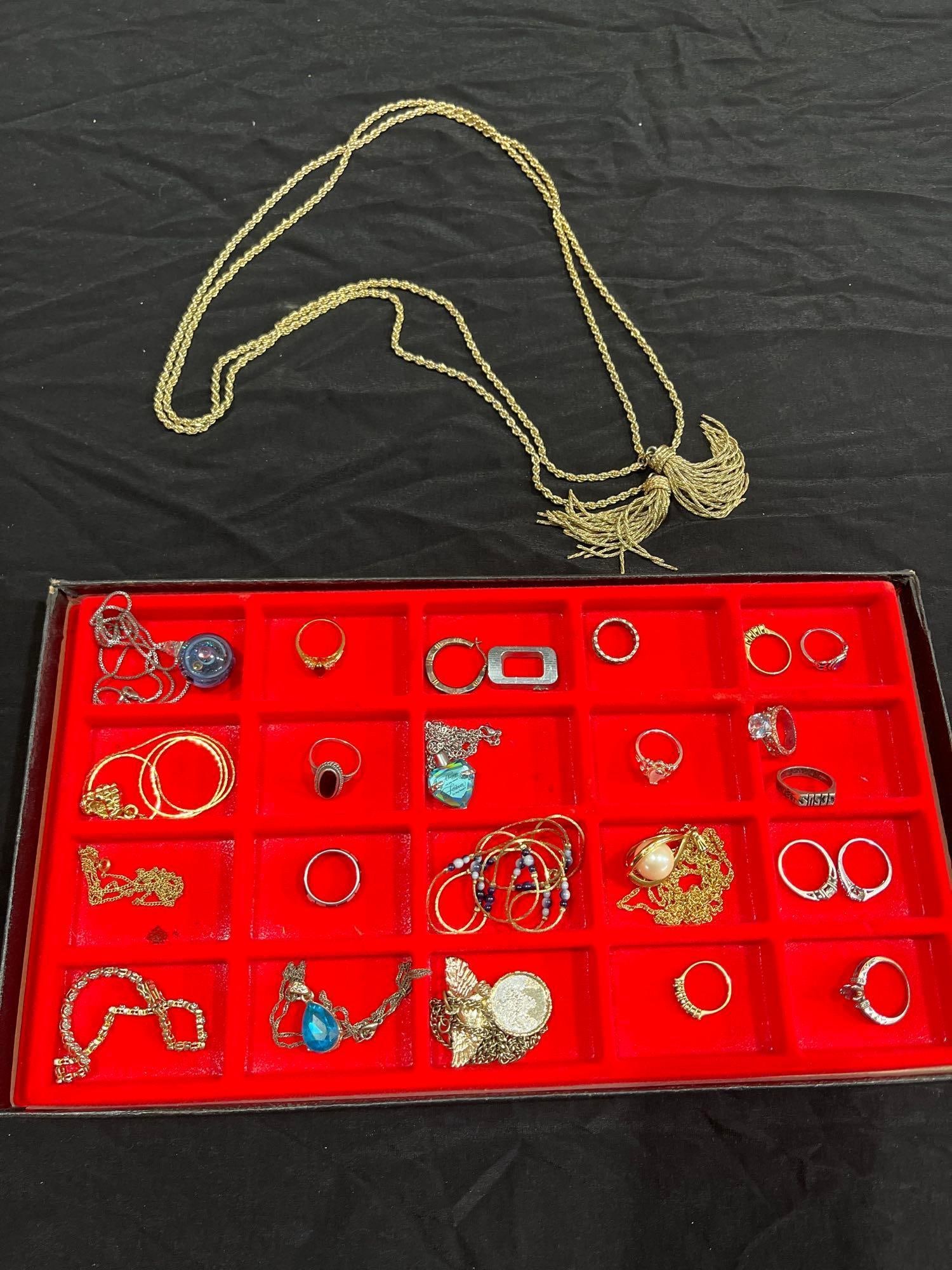 Sterling, Gold plated, RIngs, necklaces, and jewelry: Many excellent rings. Necklaces, and other jewelry. Several are marked .925