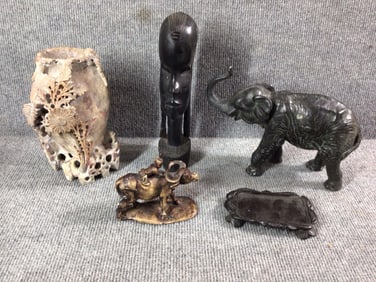 Carved Floral Soapstone vase, Wooden African Head, & Brass Elephant