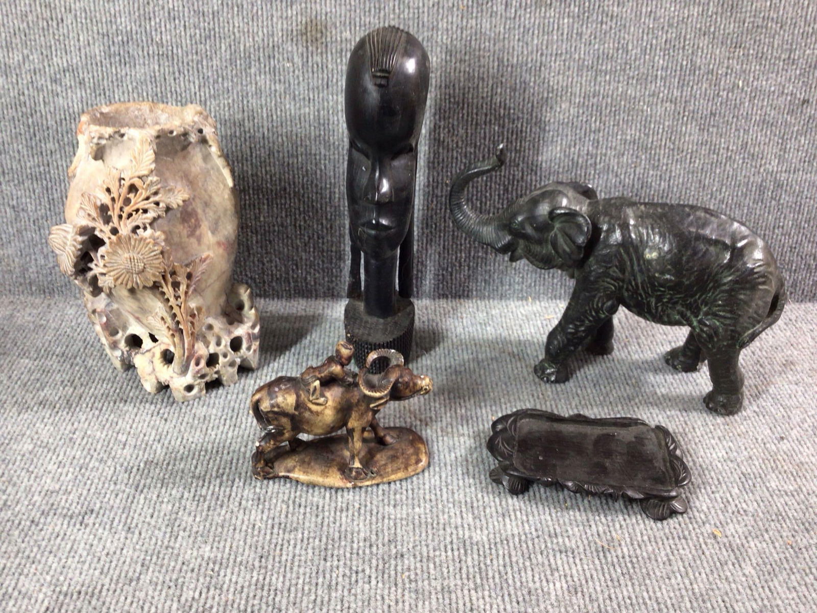 Carved Floral Soapstone vase, Wooden African Head, & Brass Elephant (1 of 7)