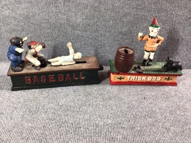 Cast Iron Baseball & TrickDog Banks